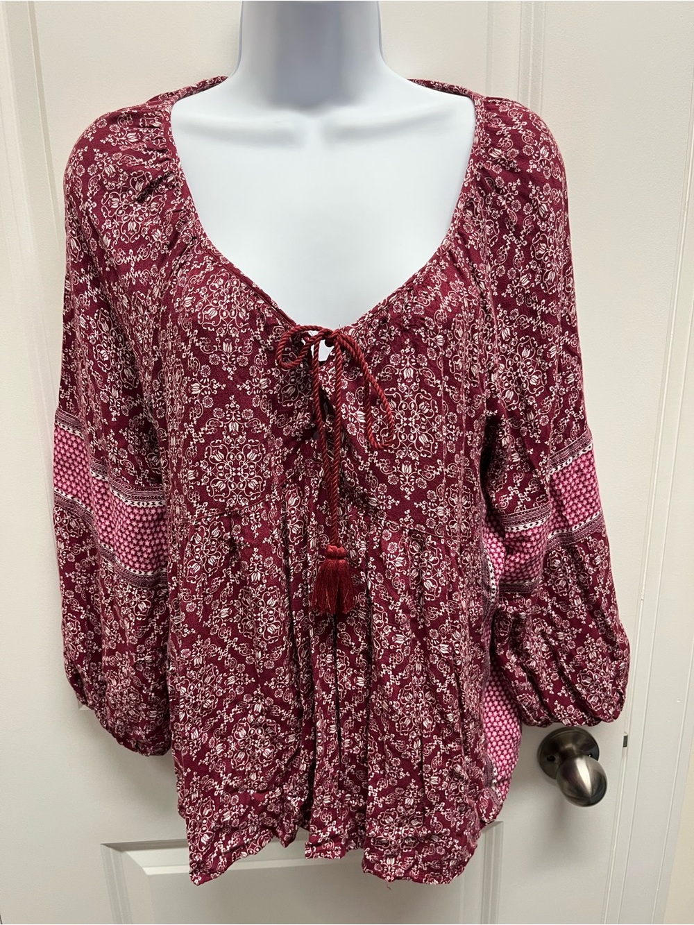 American Eagle Burgundy Boho Floral Print Tassel Tie Blouse Top Medium
